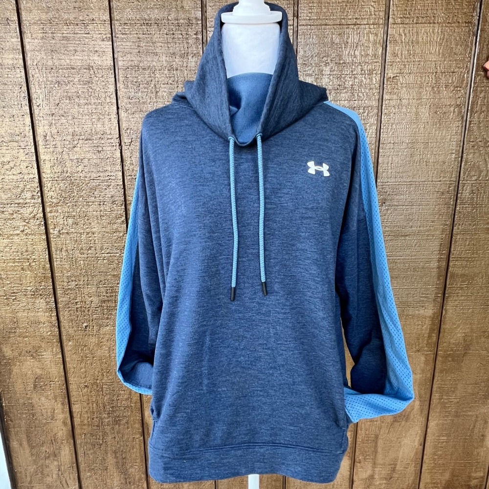 Under‎ Armour Womens Loose Fit Funnel Neck Hoodie Blue Mesh Sleeve Thumbhole LG